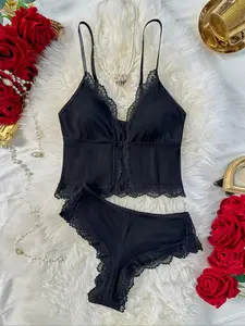 Women's Contrast Lace Cami Top & Panty Two-piece Set, Adjustable Strap Camisole & Panty, Soft Comfy Lingerie Set for Women