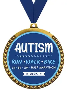 Autism Race Medal 2025 - 1k, 5k, 10k, Half Marathon Run/Walk/Bike