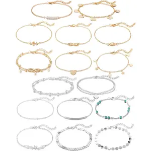 16Pcs Ankle Bracelets for Women Gold Silver Two Style Chain Beach Anklet Bracelet Jewelry Anklet Set,Adjustable Size