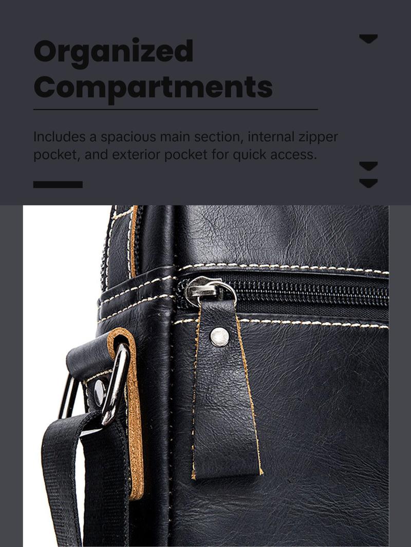 FR Fashion Co. Men's Genuine Leather Crossbody Bag - Classic Black, Adjustable Non-Slip Strap, Lightweight, Zipper Closure, Travel & Everyday Use, 100% Genuine Leather, 8.66" L x 7.08" H x 1.97" W