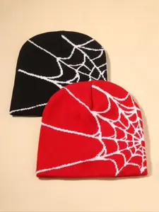 Gothic Spider Web Knit Beanie Hat Y2K Warm Winter Knitted Skull Cap Elastic Fit Men Women