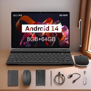 10.1 inch android 14 tablet with 8gb ram and 64gb storage, includes keyboard, mouse and stylus, dual cameras for versatile use