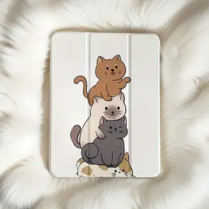 Cat stacking pattern, with adjustable bracket and pen slot, foldable non-slip TPU protective case, suitable for iPad mini, iPad Air, iPad Pro/iPad 10th generation, 11th generation and other series iPad protective cases
