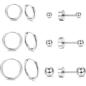 Drperfect Hoop Stud Earrings Set for Women Men, G23 Earrings for Sensitive Ears, 20G Hypoallergenic Small Hoop Tiny CZ Ball Flat Back Cartilage Helix Lobe Piercing Jewelry