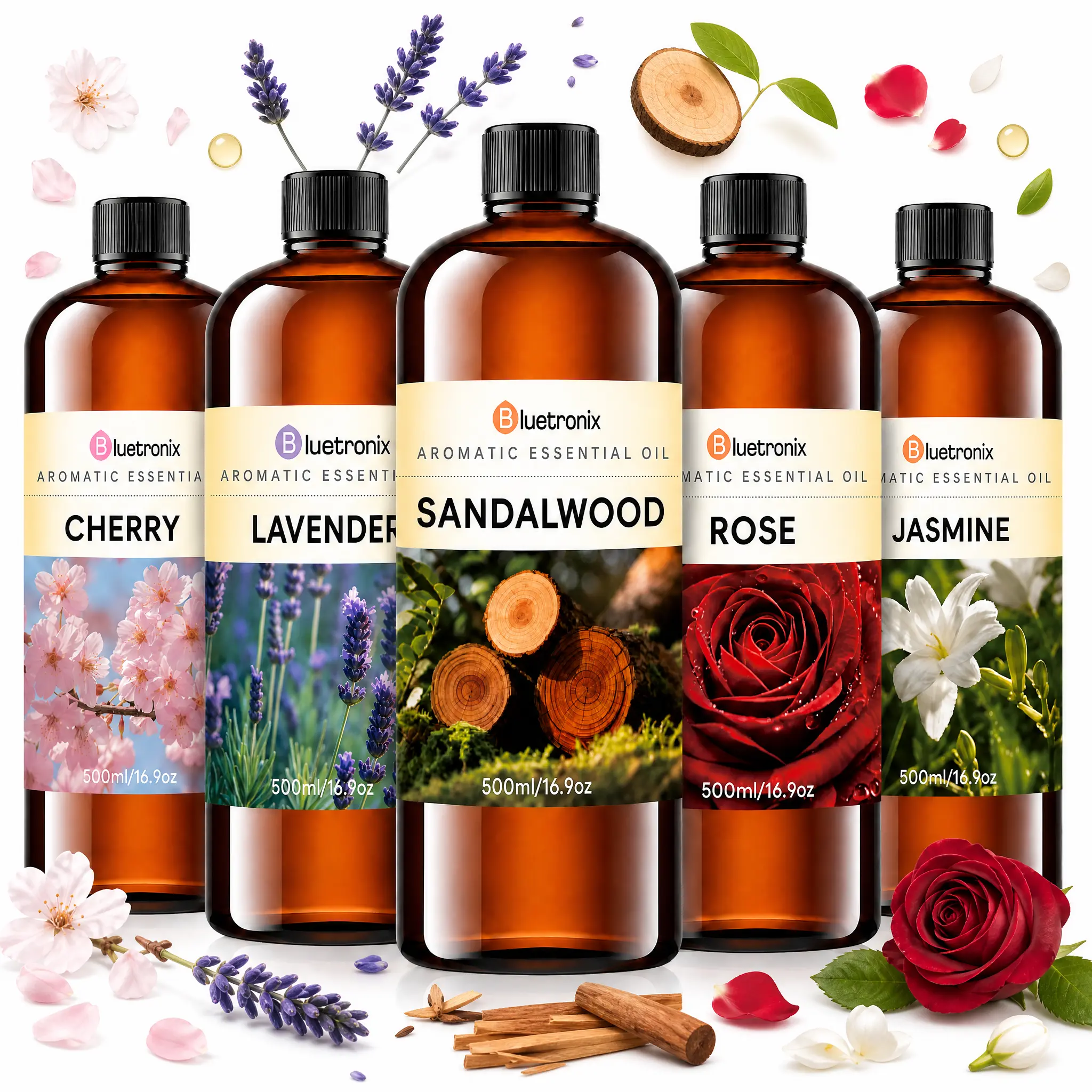500/16.9oz Waterless Scented Oil Refill, Cherry Blossom, Jasmine, Lavender, Rose, Sandalwood, White Peach Oolong, Long-Lasting Multi-Scent Large Capacity Concentrated for Home, Bedroom, Office, Hotel, Car and Club, Free Pour Spout Cap Included