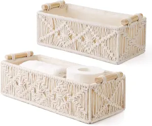 Set of 2 Macrame Storage Baskets – Boho Woven Organizer for Shelf, Cabinet, or Countertop (Ivory)