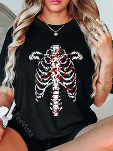 100% Cotton Unisex Skeletons Skulls Bones Macabre Bloody Ribcage Skeleton T-Shirt