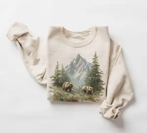 Retro Grizzly Bears Summer Wildflower Scene Sweatshirt - 90s Bear Mountain Nature Gift - Wildlife Watcher - Boho Unisex Crewneck Sweatshirt