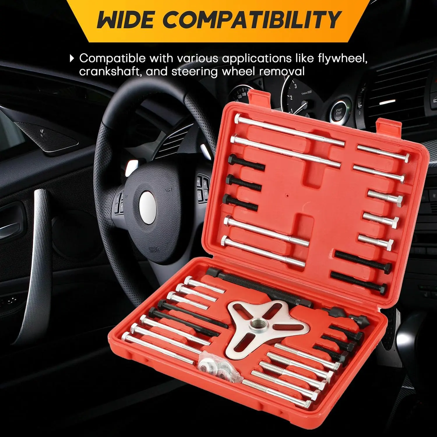 46-Piece Harmonic Balancer Puller Set| Comprehensive Flywheel Puller, Automotive Steering Wheel Puller Kit, Crankshaft Pulley Removal, Gear Puller, Flange Type Puller
