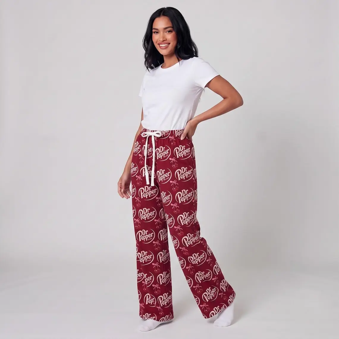 DR PEPPER Cute Cherry Silk Satin Pajama Pants, Maroon Soda Lounge Pants, Coquette Bow Sleepwear, Gift for Soda Lover Women