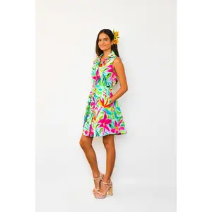 Tropicana Sleeveless Shirt Dress with Pockets Casual Summer Cotton Knee Length Dress Comfort Floral Printed Style Fashion