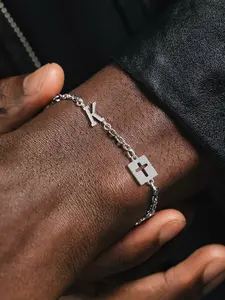 Men's Silver Color Stainless Steel Chain Bracelet, Casual Fashion Letter Pattern, Rectangular Hollow Cross Design, All Seasons Wear
