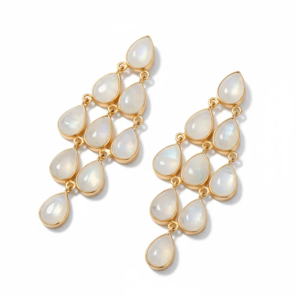 Moonlight Cascade - 14K Gold Plated Rainbow Moonstone Chandelier Earrings