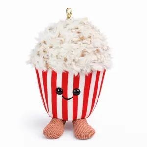 Kawaii Popcorn Plush Keychain - Adorable Red and White Striped Design with Soft Textured Popcorn Top and Knitted Feet