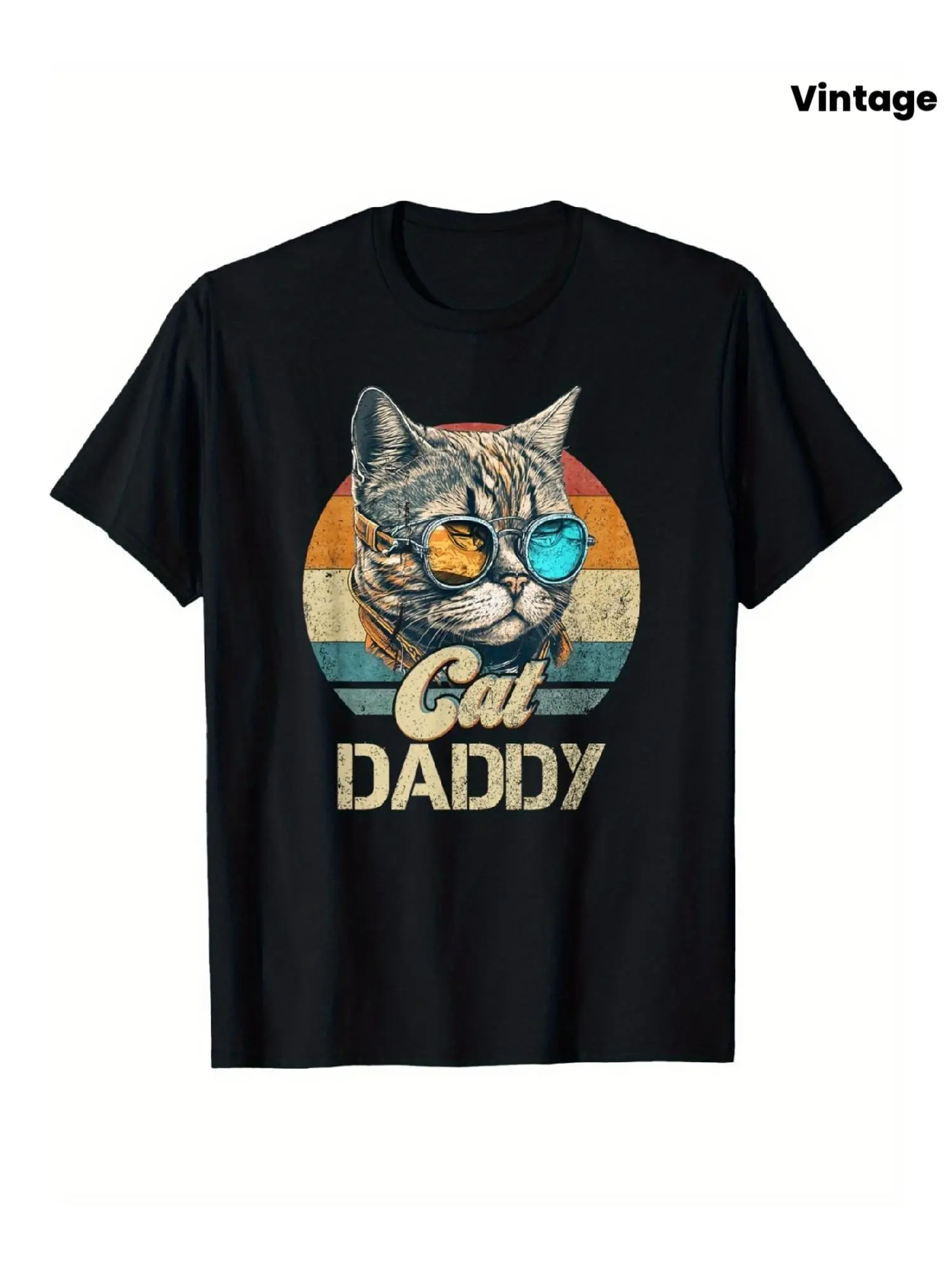 Mens Graphic Tee Vintage Cat Daddy Print Reflective Glasses Round Sun Backdrop Casual Design T Shirt Streetwear Style Crewneck Short Sleeve Soft Cotton Breathable Comfortable Fit Relaxed Fit Daily Wear Funny Humor Trendy Aesthetic Fashion Top