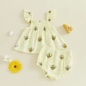 Baby Girl Short Summer Outfits Honey Bee Fly Sleeve Smocked Ruffle Mini Tops and Shorts Set 2PC Casual Clothes
