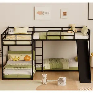 [AURA]L-Shaped Bunk Bed with Slide and Short Ladder, Black