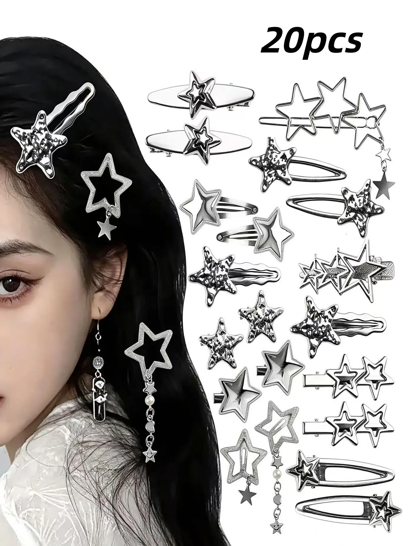 20 Silver Color Hair Clips, Metal Star Motif Hair Clips with Metallic Finish, Flat Hair Clips, 12 Different Shapes, Gothic Punk Style, Women's and Girls' Fashion Accessories, Hair Clip Set