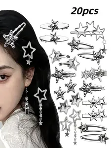 20 Silver Color Hair Clips, Metal Star Motif Hair Clips with Metallic Finish, 12 Different Shapes, Gothic Punk Style, Women's and Girls' Fashion Accessories