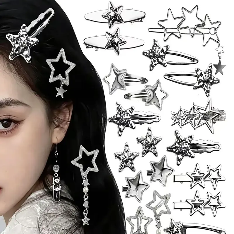 20-Piece Silver-Tone Metal Star Hair Clip Set, 12 Assorted Flat Barrette and Snap Clip Designs, Gothic Punk Hair Accessories for Women and Girls