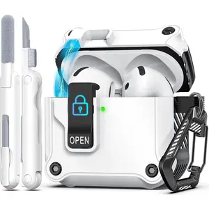 R-fun Compatible with AirPods 4th Gen Case, Full Drop Protection Auto Pop-Up Lid and Lock Design with Cleaner Kit and Keychain for AirPods 4 2024-White