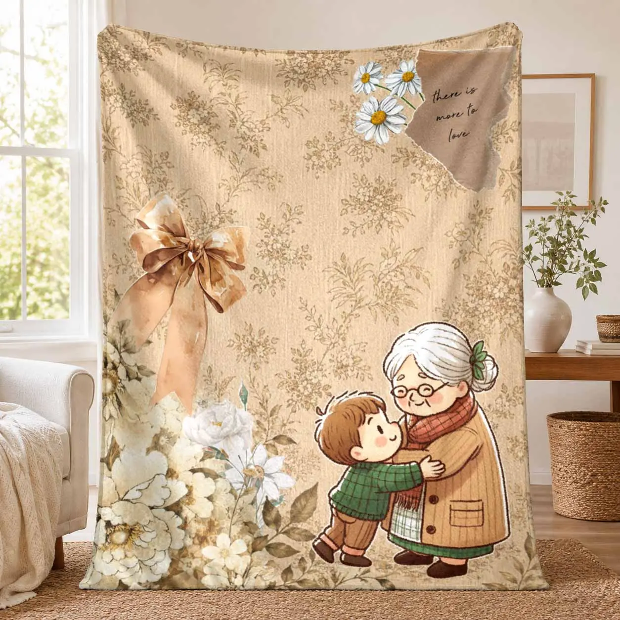 Vintage Floral Bowknot Print Warmth Throws - Ultra-Soft Lightweight Breathable Flannel Blanket, Grandmother-Grandson Themed, Ideal for Living Room Couch Bedding Decor, Heartwarming Family Gift for Holidays Birthdays Anniversaries