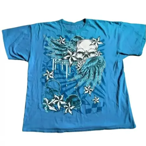 Vintage Skull Wings T-Shirt, Y2K Edgy Graphic Tee, Blue Grunge Rocker Shirt, Crew Neck, Short Sleeve, Cotton, Gift for Goth Emo Him Her, Unisex Punk Rock Top