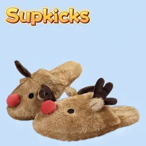 2025 new style Womens Cute Reindeer Antlers House Slippers Funny Christmas Deer Horn Ear Indoor Home Shoes Plush Fuzzy Warm Bedroom Slippers