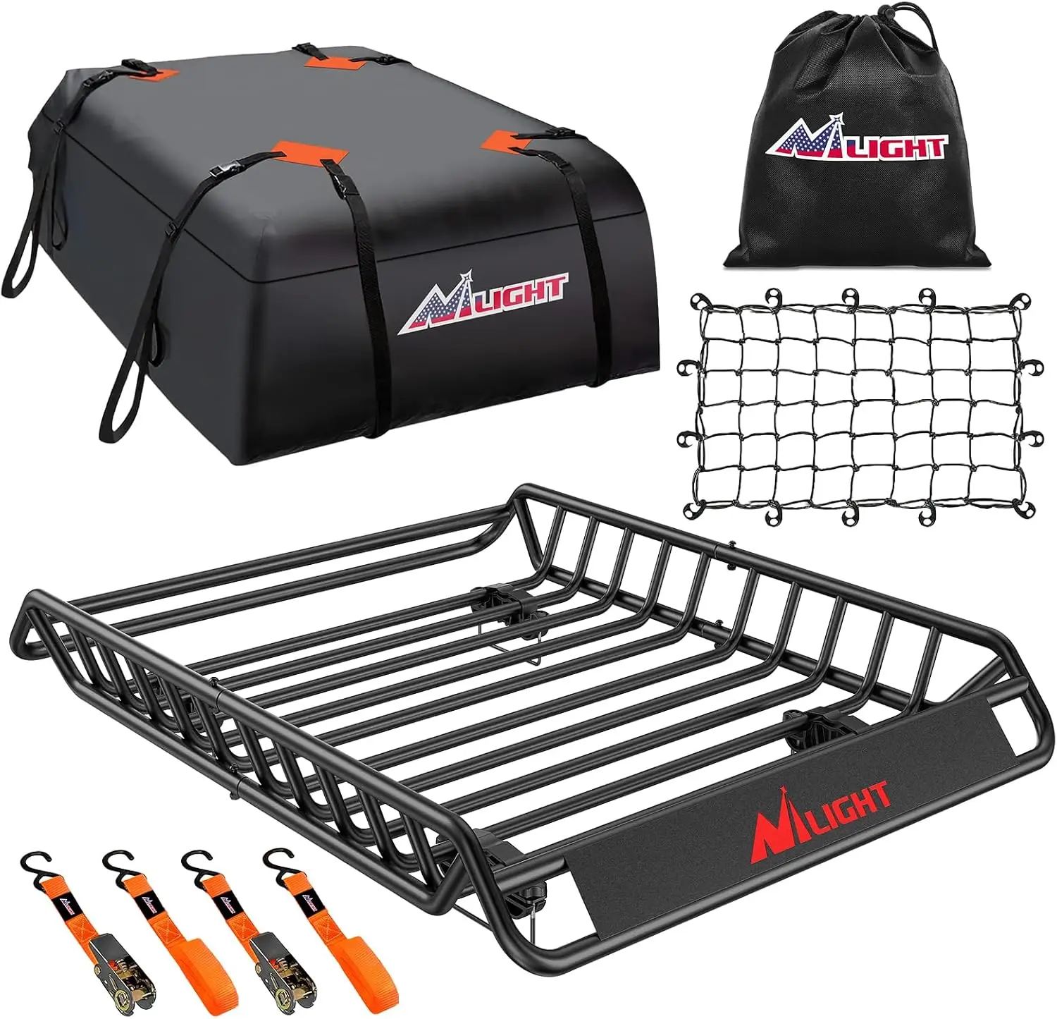Nilight Heavy-Duty Car Rooftop Rack Basket, Car Accessory, Van Accessory (51"x36"x5", 200LBS Capacity) - Luggage Holder with Waterproof Soft Bag, Net, Ratchet Straps for SUV, Truck, Van Accessories