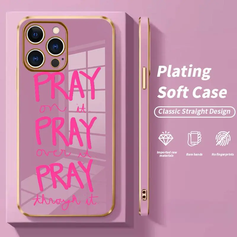 Electroplating Phone Case for iPhone 17 Air 15 Pro Max 16 14 Plus 13 12 11 Just Pray Patterned Classic Square Design Non Slip TPU Soft Shell,Trendy and cool, perfect for Holiday gifts.