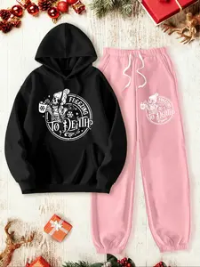 Two-piece Set Women's Christmas Skeleton Print Thermal Lined Long Sleeve Hoodie & Drawstring Waist Sweatpants, Casual Cozy Breathable Two Piece Outfits for Daily Wear, Ladies Fall & Winter Clothes, Stretchy Outfit Sets, Track Pants Set