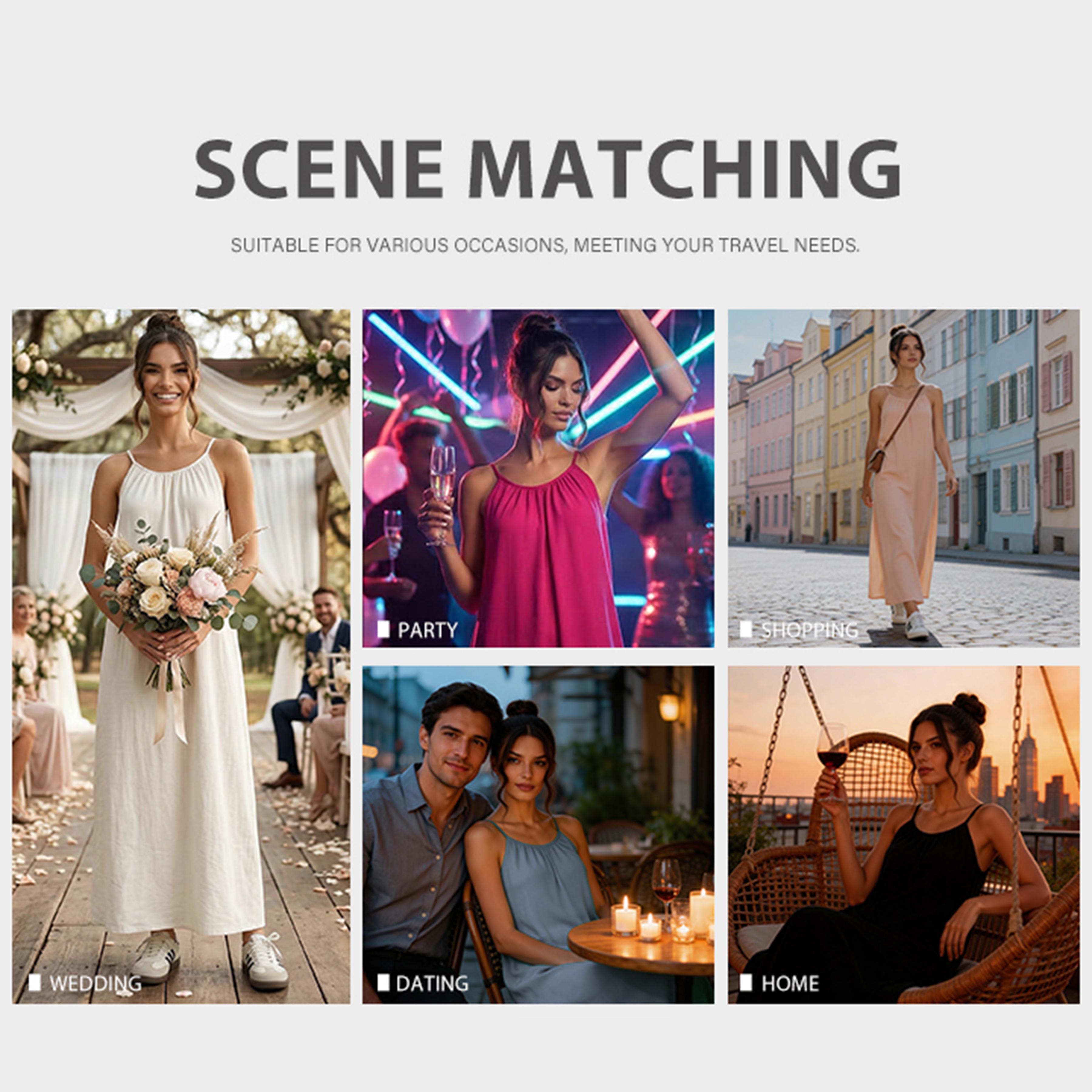 KatchMe Women's Breezy Solid Color Thin Strap Ruched Low Back Loose Maxi Dress, Elegant Adjustable Tie Backless Dress, Summer Sleeveless Women's Clothing for Beach