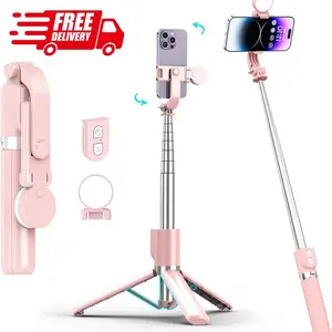 Selfie Stick with Rechargable Remote & Light (1PC), Tripod for iPhone, Cell Phone Stand for Video Recording, Portable Travel Essentials Smartphone Mount Holder, Extendable Vlogging Filming Accessories, Bluetooth