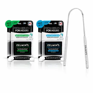 Zelmin's Minty Mouth | Fresh Breath Kit / Spearmint 2-Pack+ Peppermint 2-Pack + Tongue Scraper / Crisp & Refreshing Breath Freshener Capsules / Two-Handle Design Tongue Scraper / Stainless Steel