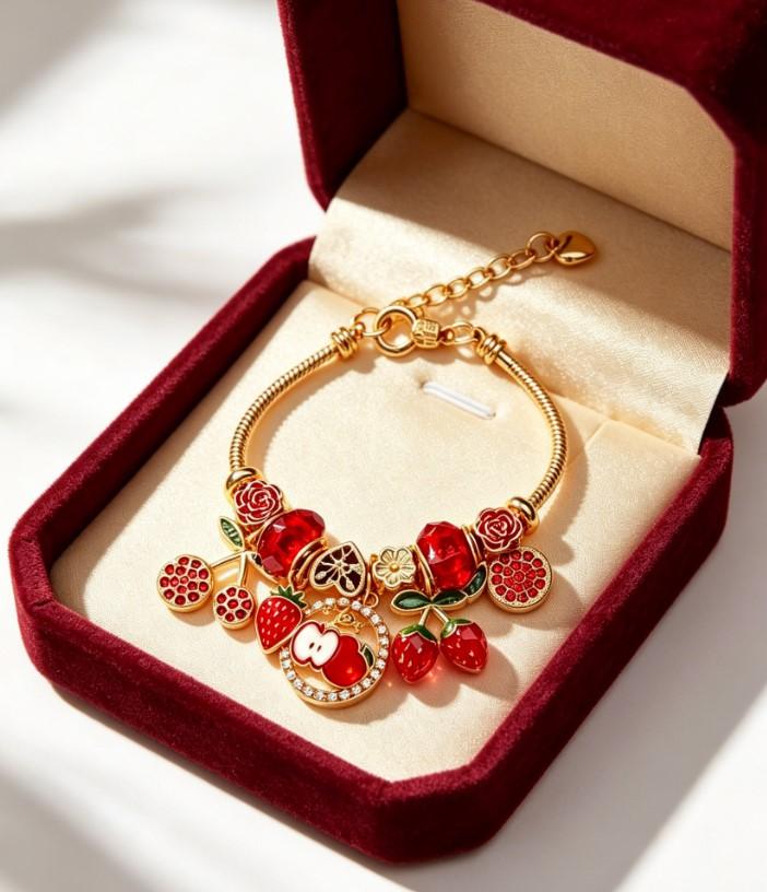 Gold Snake Chain Bracelet with Enamel Charms and Red Crystal for Women Jewelry