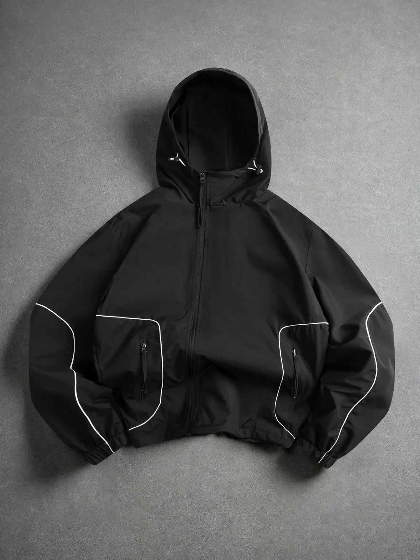 American-style reflective tape hooded hardshell jacket, short length with drawstring hem, windproof and waterproof, casual athletic zip-up jacket Sweatshirts Tops