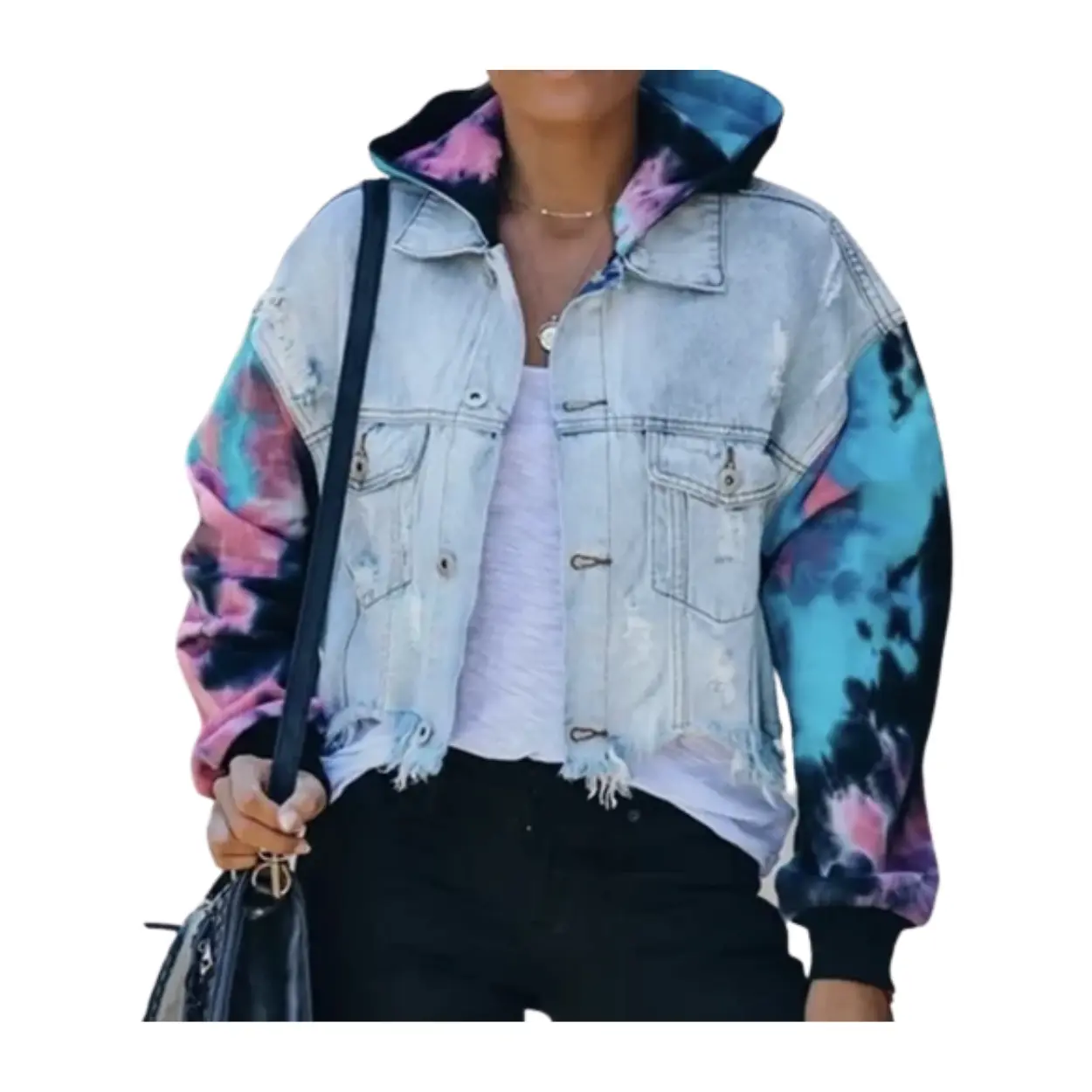 Denim Tie Dyed Fringe Hoodie Jacket Fitted Long Sleeve Casual Y2K Style for Fall Winter-FINAL SALE