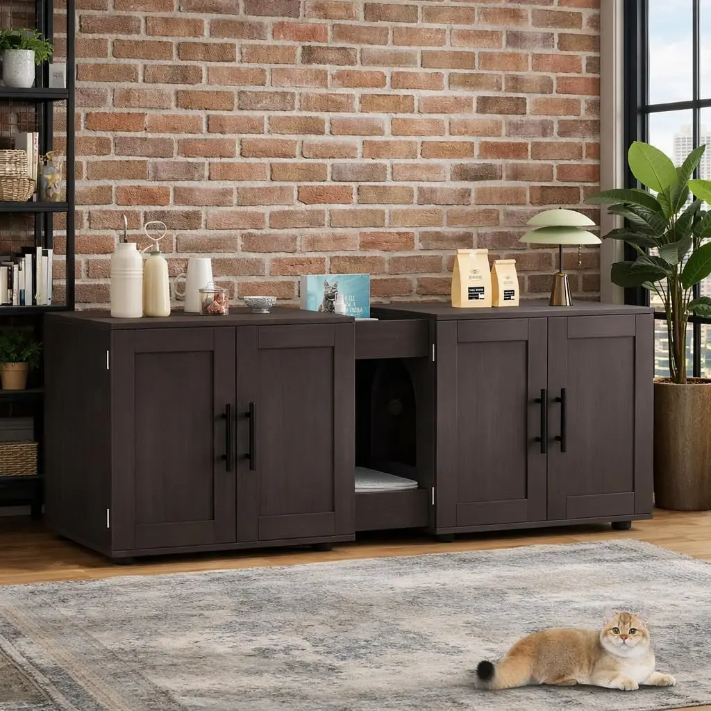 Double Cat House Litter Box Furniture for 2 Cats, Wooden Hidden Litter Box Cabinet, Large 55” Cat Litter Furniture for Living Room