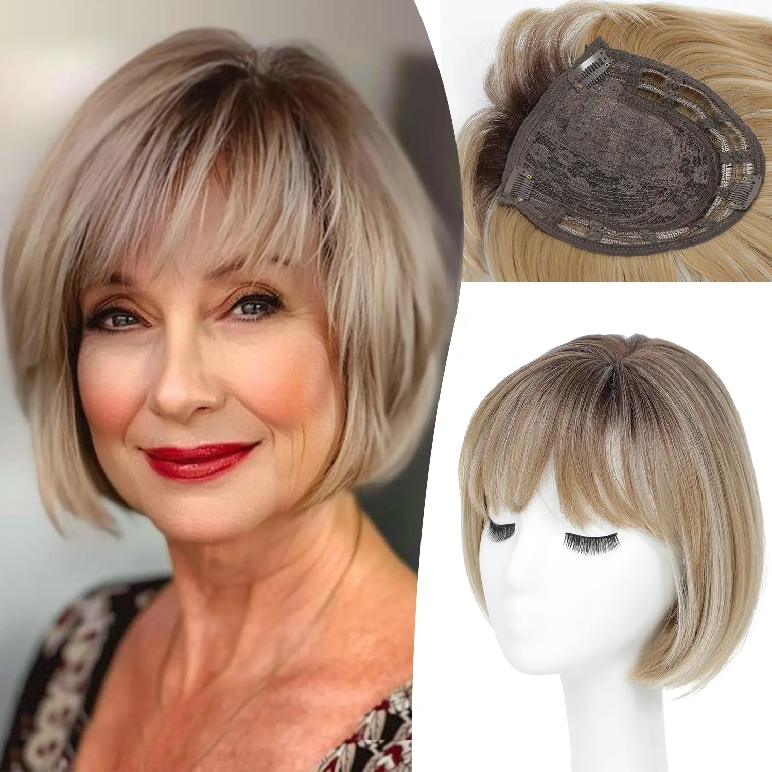 Hair Topper Hair toppers for Women Toppers Hair Pieces for Women Short Bob Hair Toppers with Bangs Side Part Hair Toppers for Women with Thinning Hair Synthetic Wig Toppers for Thinning Hair