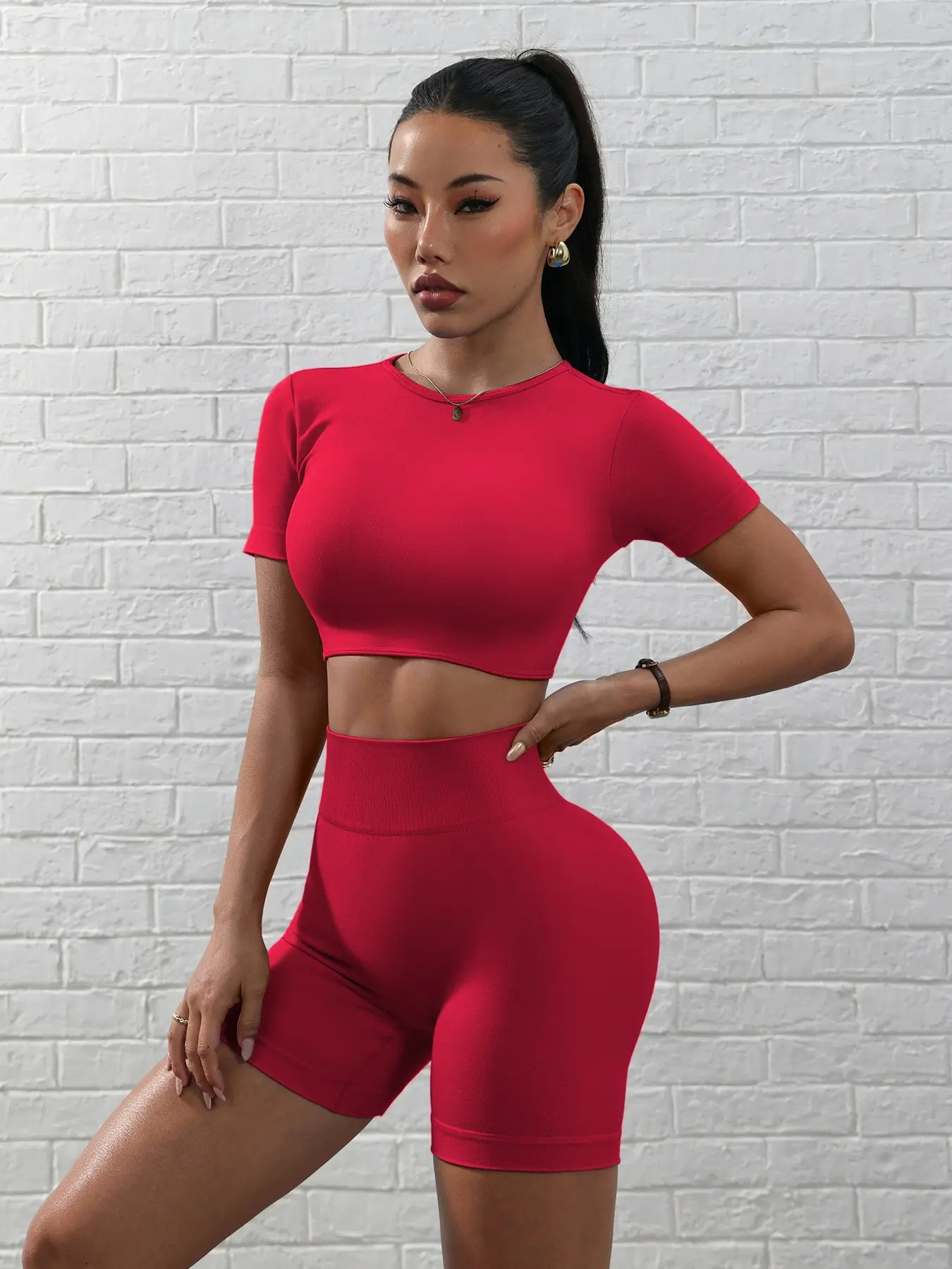 Women's Fashion Backless Tight Short T-Shirt + High Waist Peach Butt Shorts, Skin-Friendly Fabric, Sporty High Stretch Yoga Summer Set, Active Wear, Active Outfits