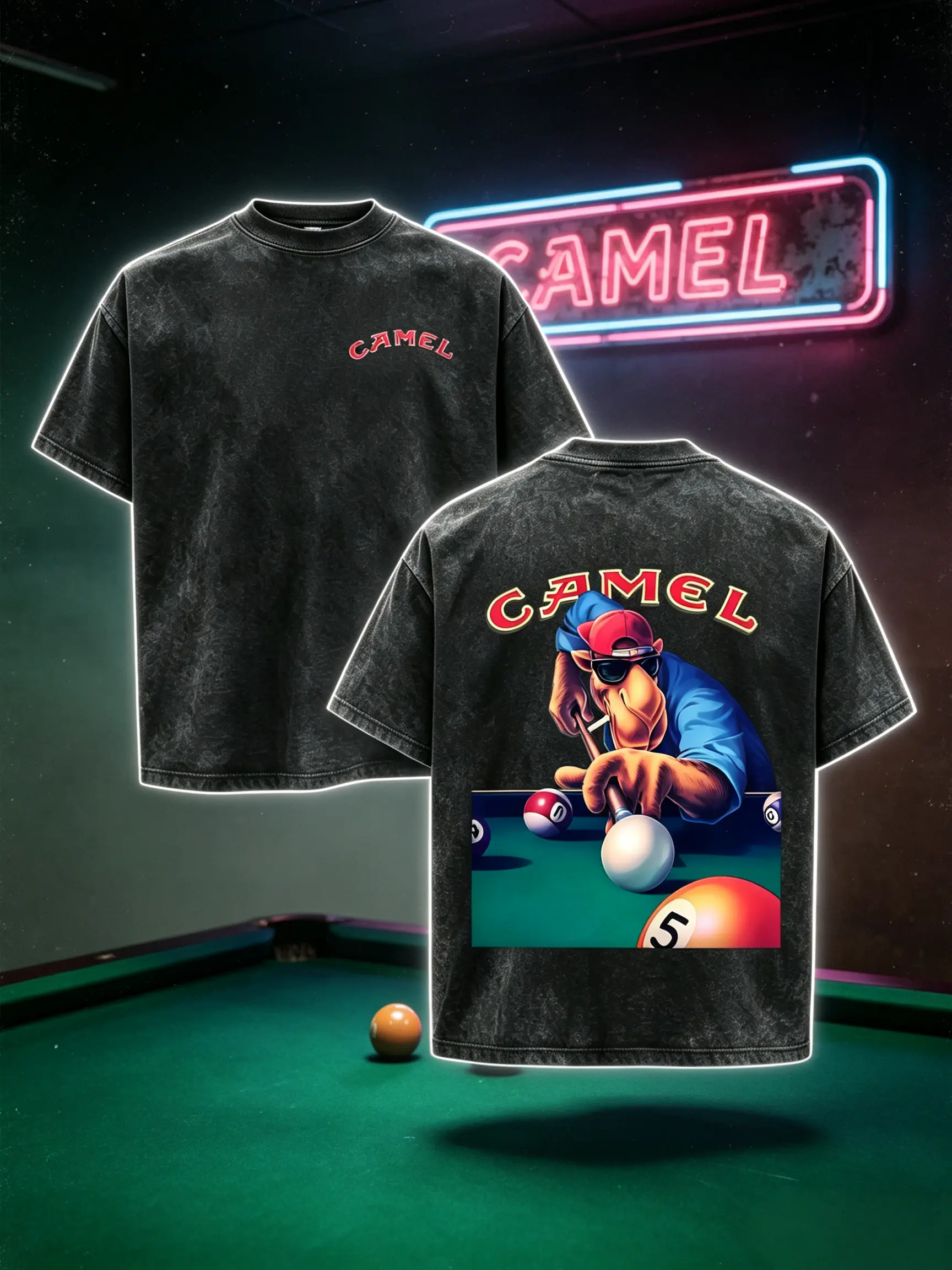 Vintage Camel Billiard Pool Camel Character Acid Wash Oversized T-Shirt Front Red Camel Letter Logo Back Cool Camel Playing Pool Table Graphic Distressed Black Unisex Cotton Crewneck Retro 90s Street Tee Gift For Retro Vintage Fans Casual Outfit
