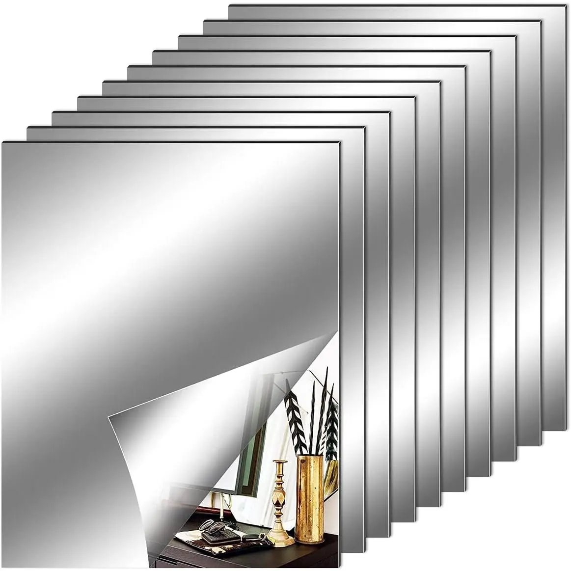 Fantasyon 10 Pieces Flexible Mirror Sheets, Self Adhesive Decorative Plastic Mirror Tiles Non-Glass Mirror Stickers for School Educational and Home Wall Decor (8x10 Inch)