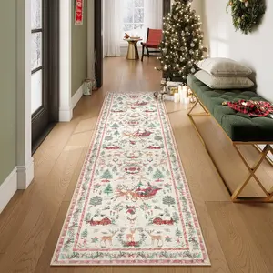 Christmas decoration corridor area carpet, Christmas tree bow bell design, high-end living room bedroom carpet anti slip machine washable floor mat, perfect holiday gift, suitable for living room, sofa, doorway, corridor, kitchen, Home Decorative Rug