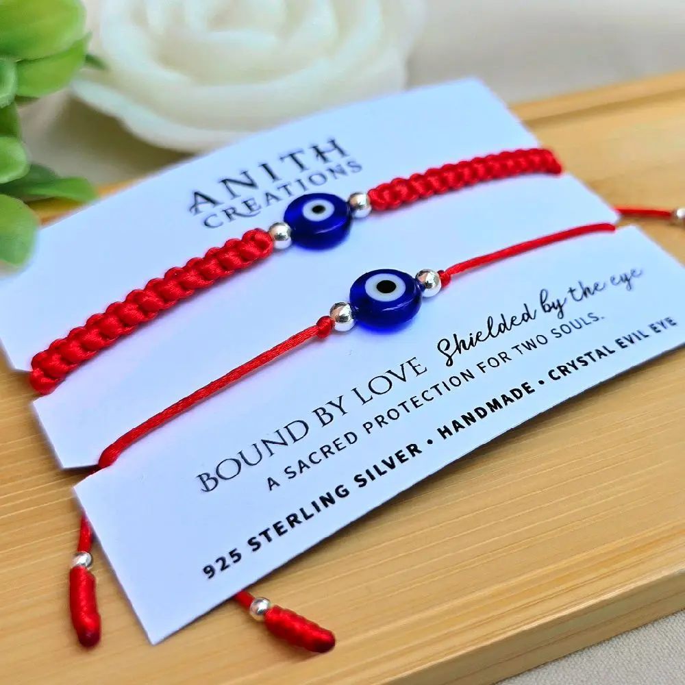 Evil Eye Bracelets | Silver 925. Beads | 2-Piece Set with High-Quality Crystal Evil Eye | Strong Nylon Thread, Adjustable Fit for Adults, Daily Wear, Ideal Gift for Couples and Friends