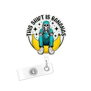 Cute Skull Banana Badge Reel, Retractable Clip with ID Holder, Fun Rn Badge Reel Belt Clip, Nurse Work Accessories, Badge Decoration