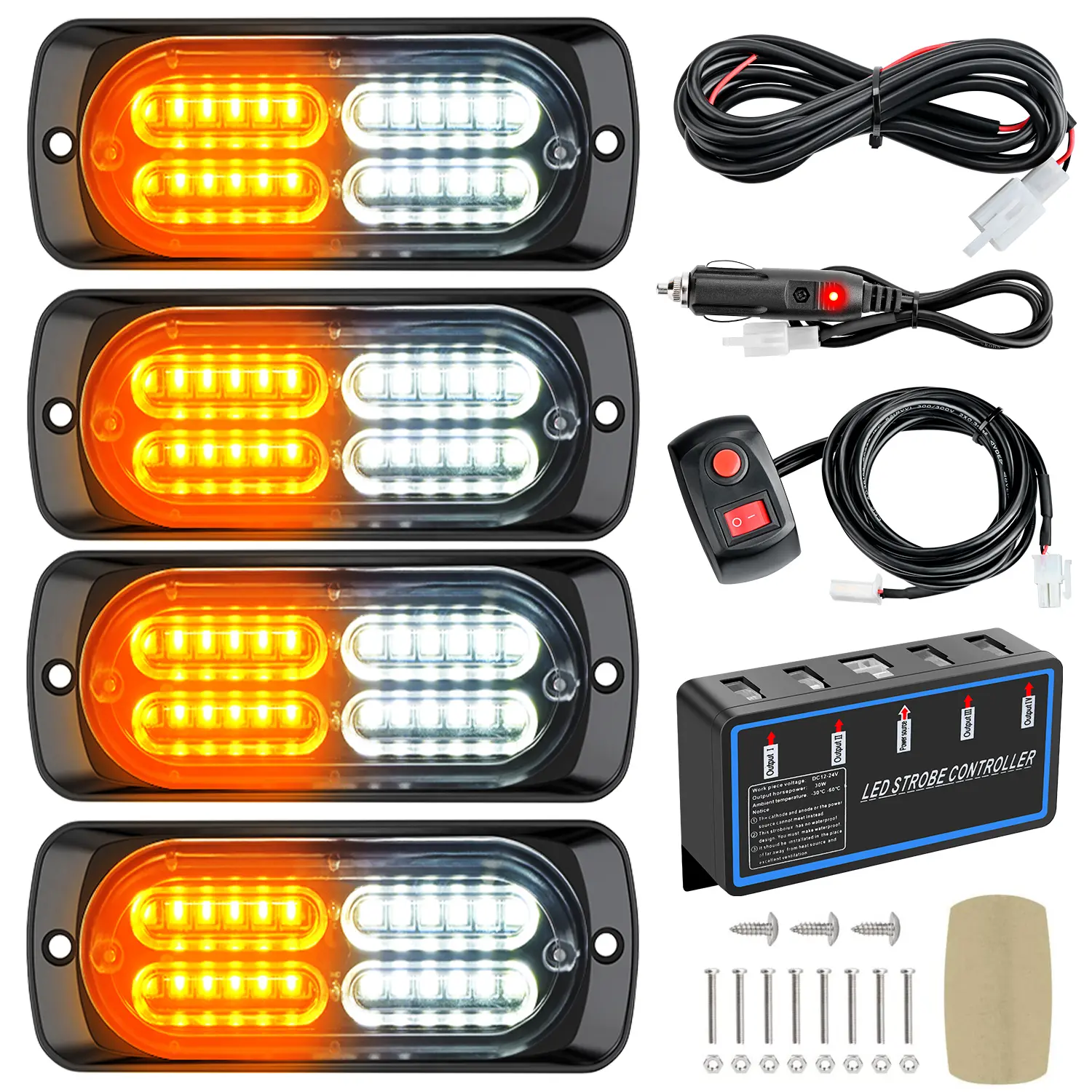 Nilight 4PCS 24LED Strobe Light Module, 12V Sync Amber White Truck Lightbar with Controller, Hard Wire/Cigarette Lighter Plug for RVs Campers, Strobe Light Kit, Light Bars For Trucks