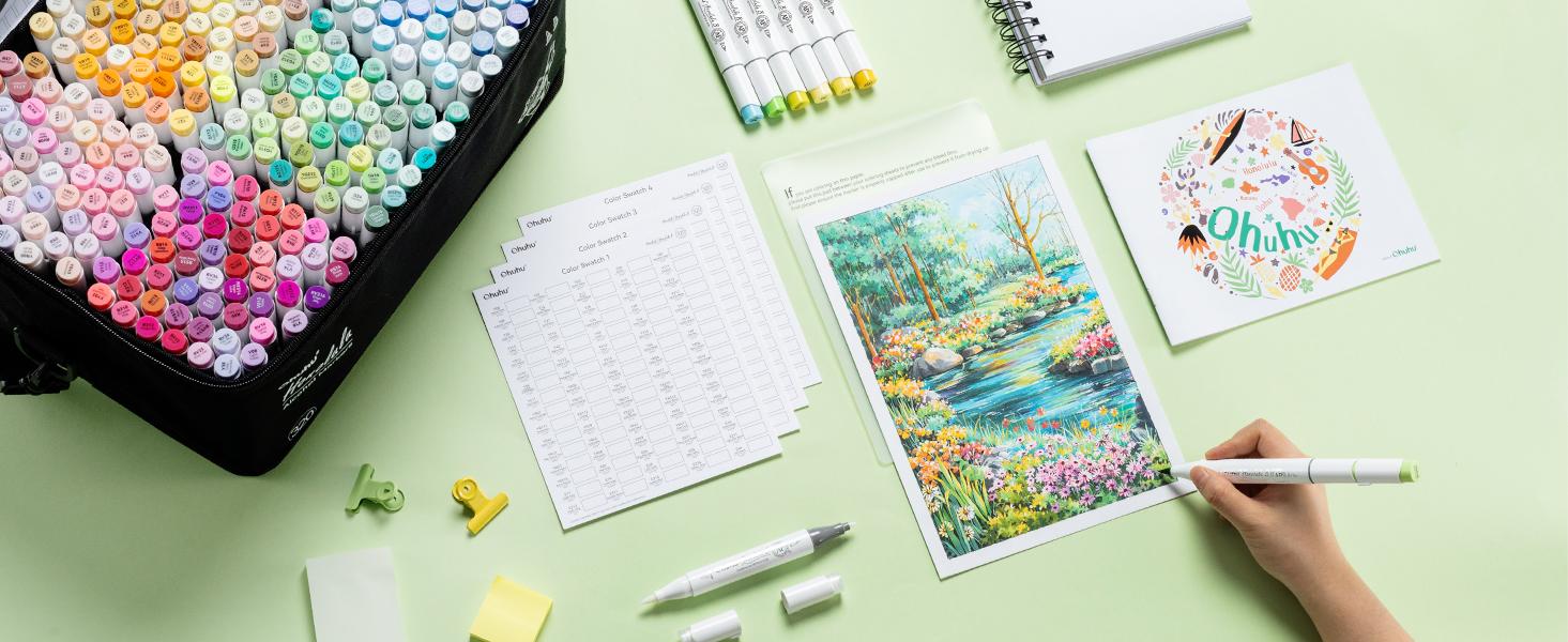 Ohuhu Alcohol Markers: Brush & Fine -  320 Colors - Refillable - Double Tipped Alcohol-based Art Sketch Marker Set for Artist Adults Coloring Illustration - Honolulu B Series of Ohuhu - Women's Day Gift