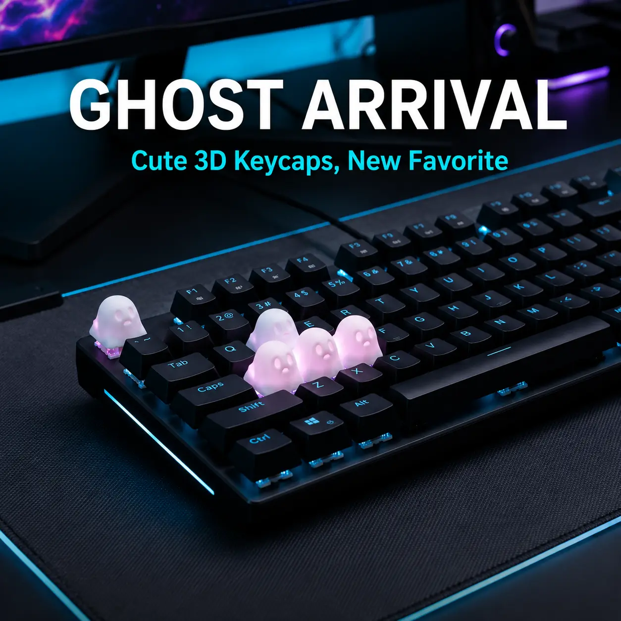 Cute White Ghost Theme Artisan Keycaps, Transparent Backlit Keycaps, Halloween Atmosphere Decoration, Compatible with Cherry MX Cross Axis Mechanical Keyboards, Suitable for Keyboard Beautification Decoration, Halloween Holiday Keycap Decoration