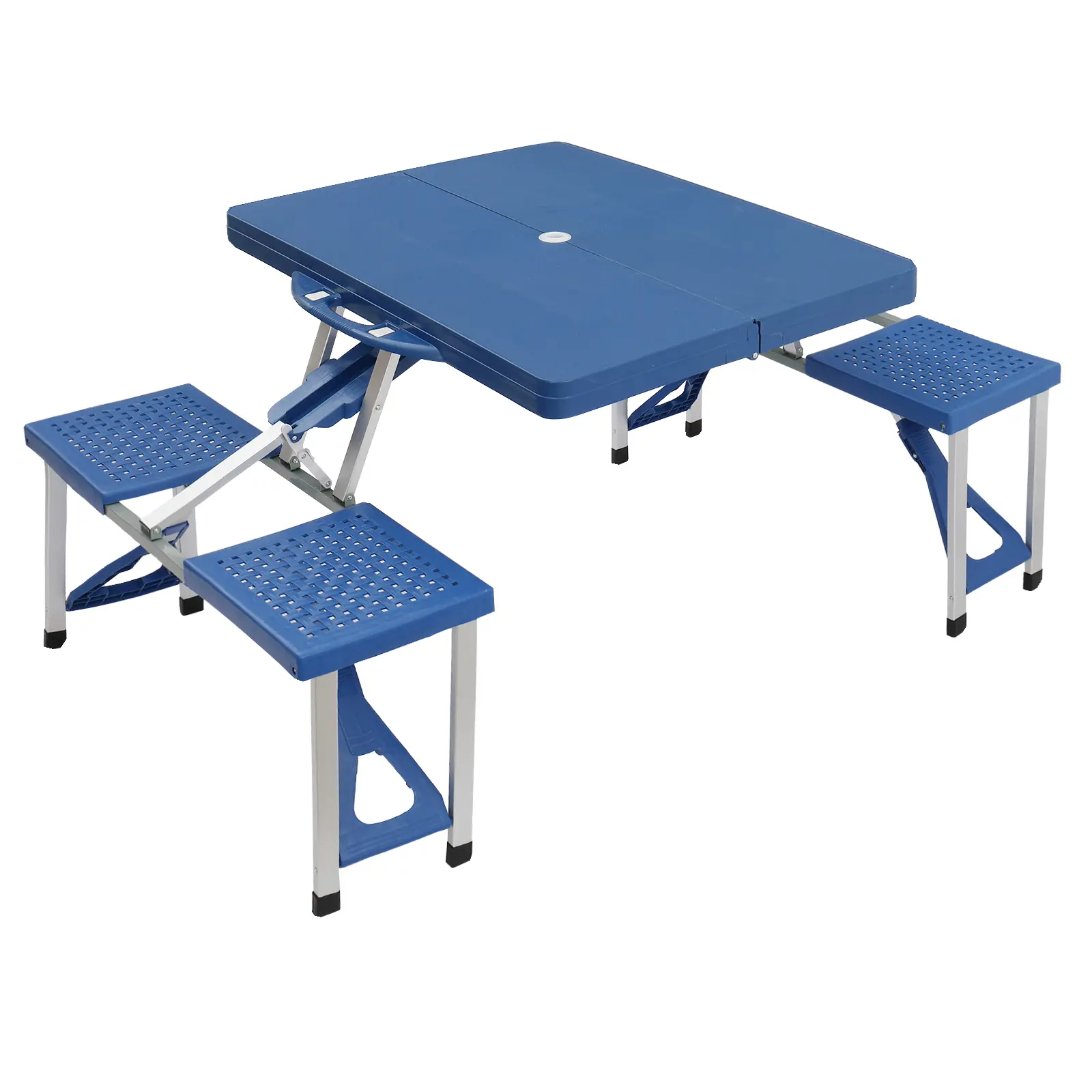 Portable Folding Outdoor Picnic Table Set with Integrated Stools, Blue Thick PS Plastic Tabletop, Umbrella Hole, 50KG Maximum Load Capacity