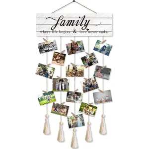 Photo Wall Display,Collage Picture Frame,Clip Photo Holders for Wall,Wooden Hanging Photo Display with 16 Clips 5 Strings,Family Where Life Begins and Love Never Ends Sign Wall Decor